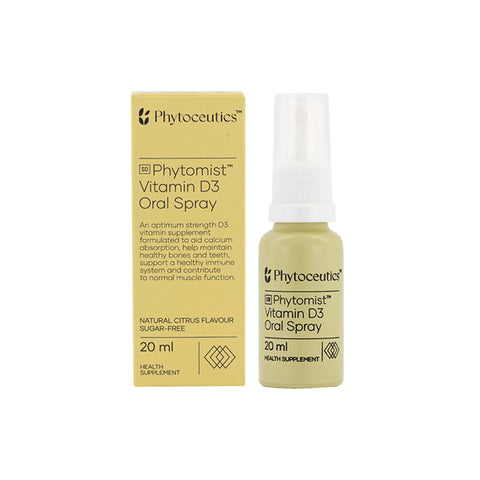 Phytoceutics Phytomist Vitamin D3 Oral Spray bottle and packaging, 20 ml, natural citrus flavor, health supplement.
