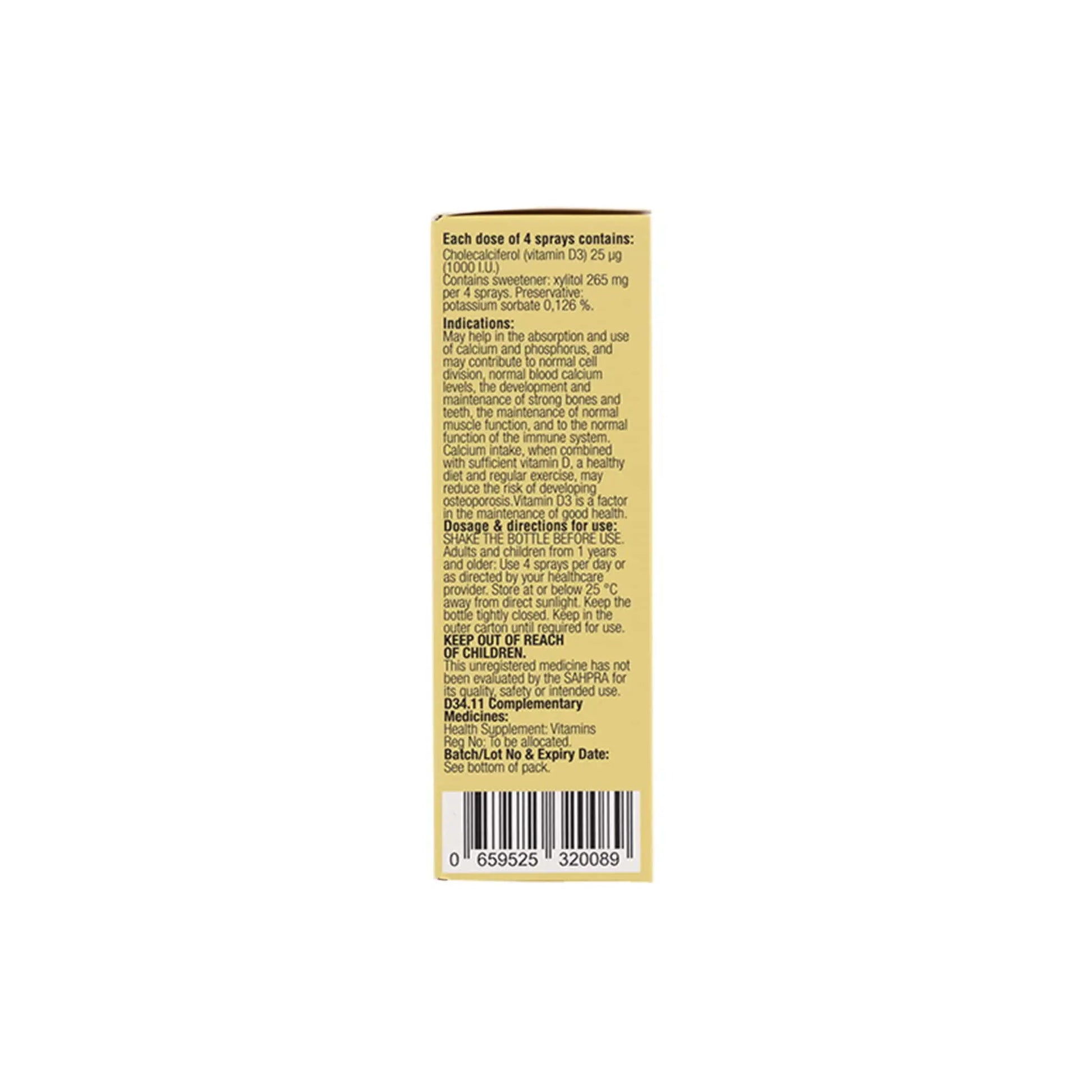 Phytoceutics Phytomist Vitamin D3 Oral Spray box back label with dosage and ingredient information.