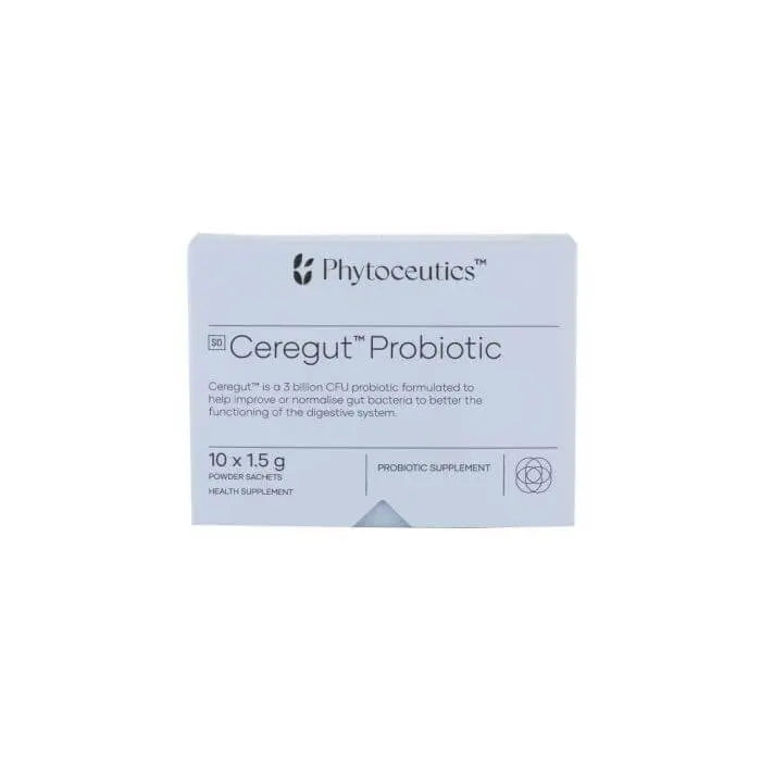 Phytoceutics Ceregut Probiotic box, 3 billion CFU, digestive health supplement, 10 powder sachets.