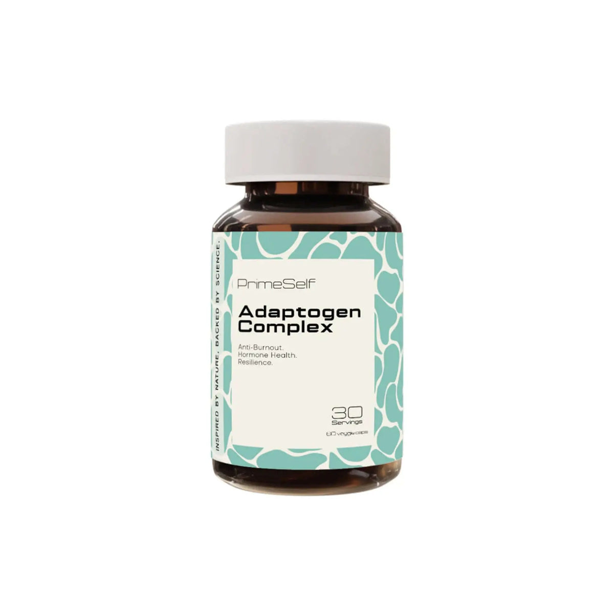 PrimeSelf Adaptogen Complex bottle, a herbal supplement for stress response, immunity, and vitality, featuring 30 capsules.