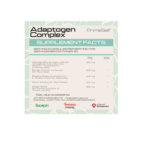 PrimeSelf Adaptogen Complex bottle, a herbal supplement for stress response, immunity, and vitality, featuring 30 capsules.