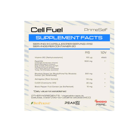 PrimeSelf Cell Fuel supplement bottle designed to enhance endurance and recovery for athletes.