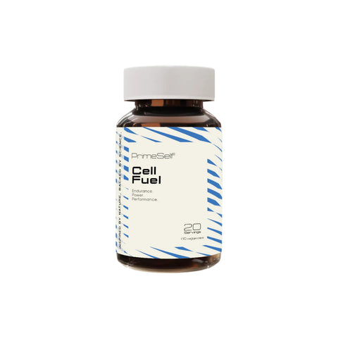 PrimeSelf Cell Fuel supplement bottle designed to enhance endurance and recovery for athletes.