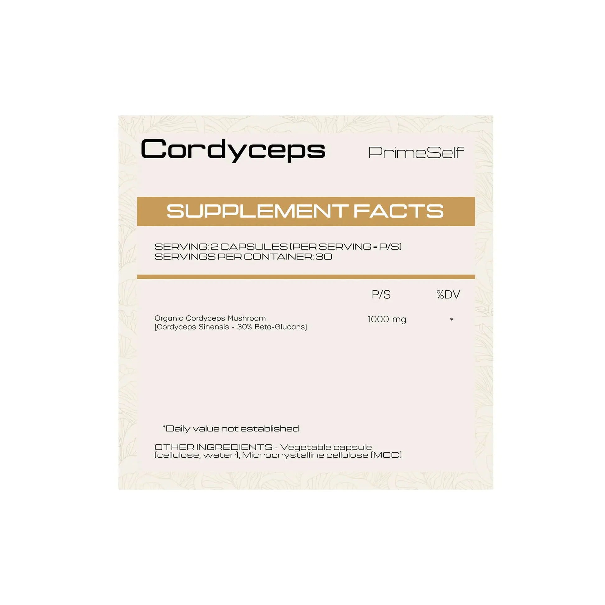 PrimeSelf Cordyceps supplement facts showing organic mushroom dosage and serving information.