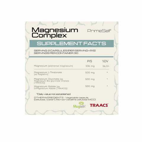PrimeSelf Magnesium Complex supplement bottle for sleep, brain health, and recovery with three bioavailable magnesium forms.