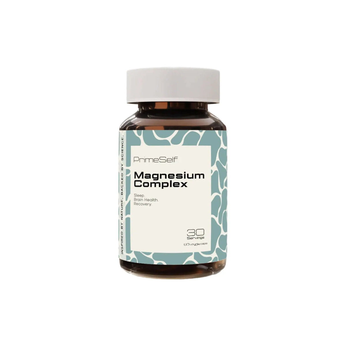 PrimeSelf Magnesium Complex supplement bottle for sleep, brain health, and recovery with three bioavailable magnesium forms.