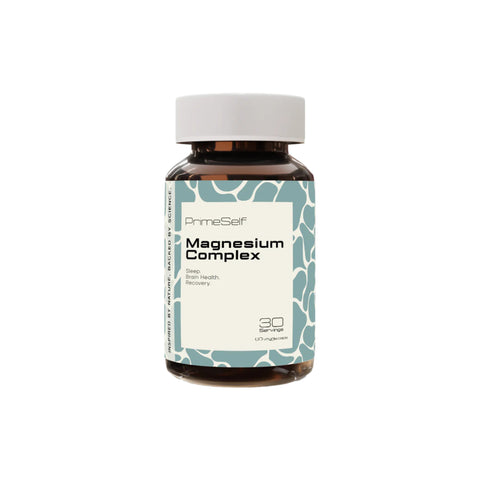 PrimeSelf Magnesium Complex supplement bottle for sleep, brain health, and recovery with three bioavailable magnesium forms.
