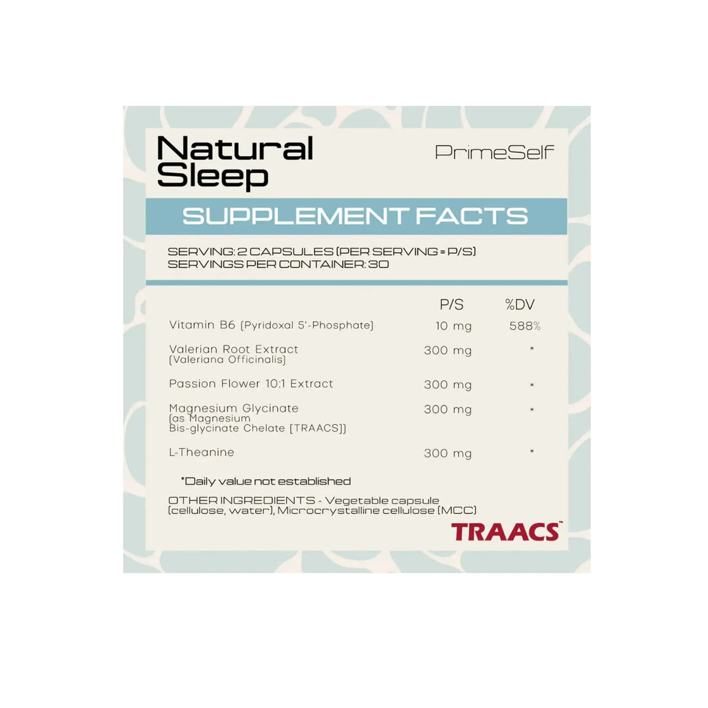 PrimeSelf Natural Sleep supplement facts label showing ingredients and serving details for restful sleep support.