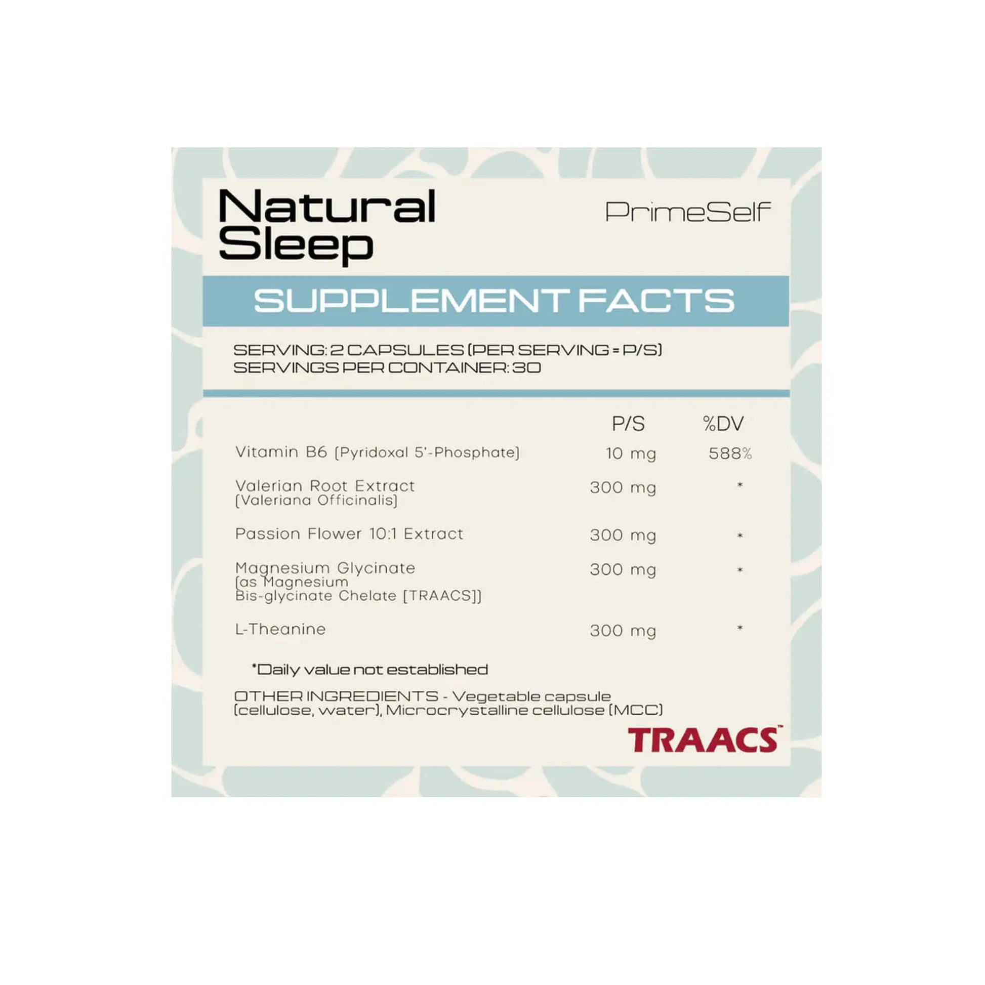 PrimeSelf Natural Sleep supplement facts label showing ingredients and serving details for restful sleep support.