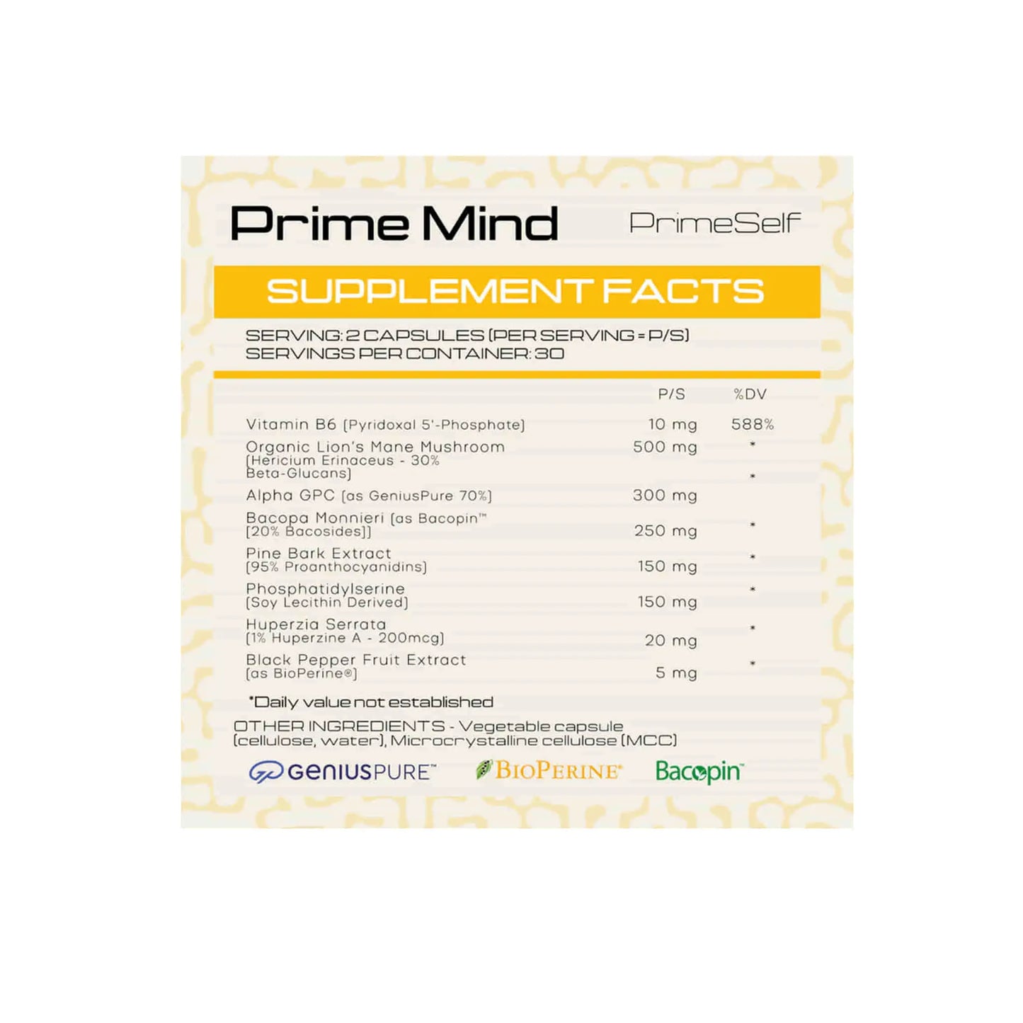 PrimeSelf Prime Mind supplement facts label detailing ingredients and nutritional information for enhanced brain function.