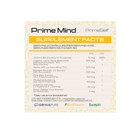 PrimeSelf Prime Mind supplement bottle for cognitive performance and brain health support. 30 capsules.