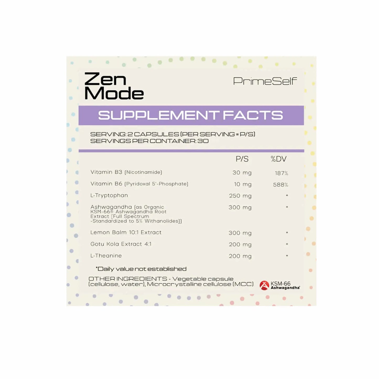 Supplement facts label for PrimeSelf Zen Mode, detailing ingredients and nutritional information for calm and mood support.