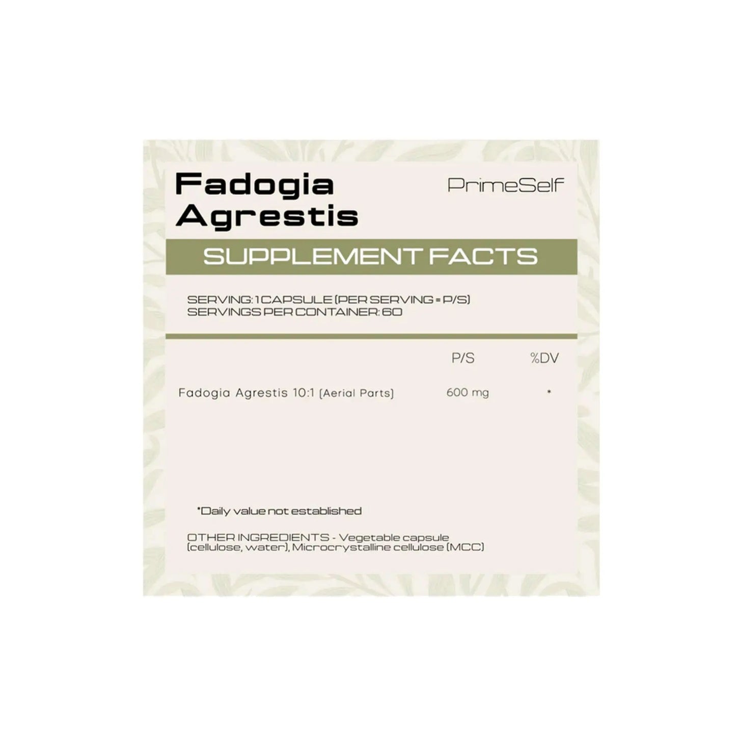 Fadogia Agrestis supplement facts panel showing serving size and ingredients from PrimeSelf brand.