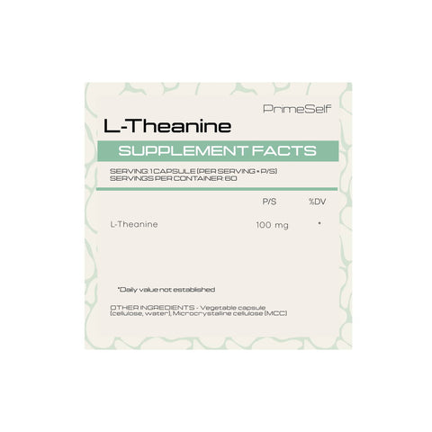 PrimeSelf L-Theanine supplement bottle with 60 capsules for relaxation and cognitive enhancement.