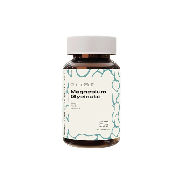 PrimeSelf Magnesium Glycinate 500mg supplement bottle for sleep, recovery, and overall health support.