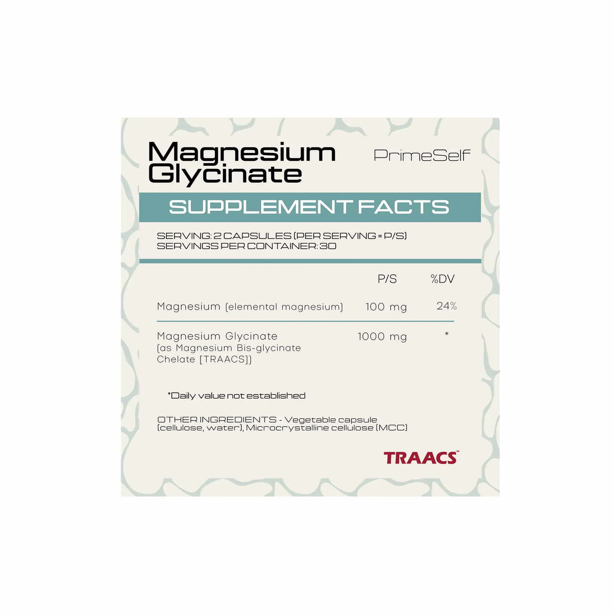 PrimeSelf Magnesium Glycinate supplement facts label detailing serving size and ingredients.