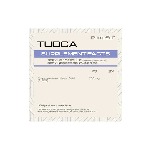 PrimeSelf Tudca supplement bottle for liver support and digestive health, contains 60 capsules.