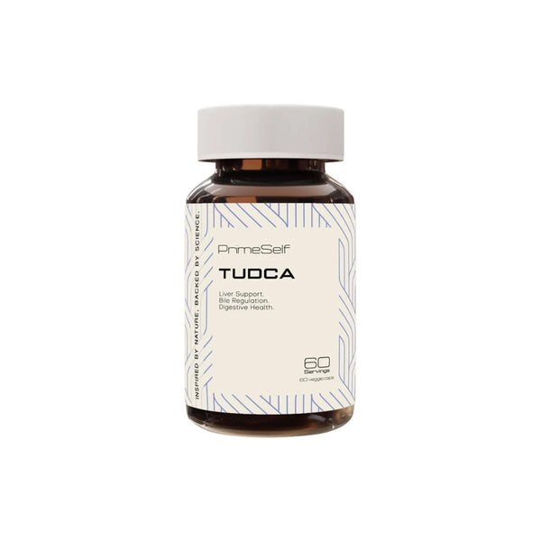 PrimeSelf Tudca supplement bottle for liver support and digestive health, contains 60 capsules.