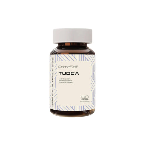 PrimeSelf Tudca supplement bottle for liver support and digestive health, contains 60 capsules.