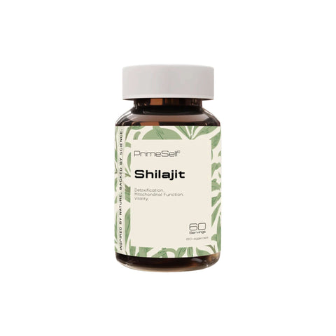 PrimeSelf Shilajit supplement bottle for detoxification, mitochondrial function, and vitality with 60 capsules.