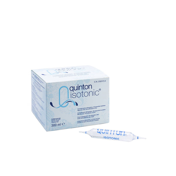 Quinton Isotonic vegan mineral solution box and ampoule, 300 ml, promoting wellness and digestive health.