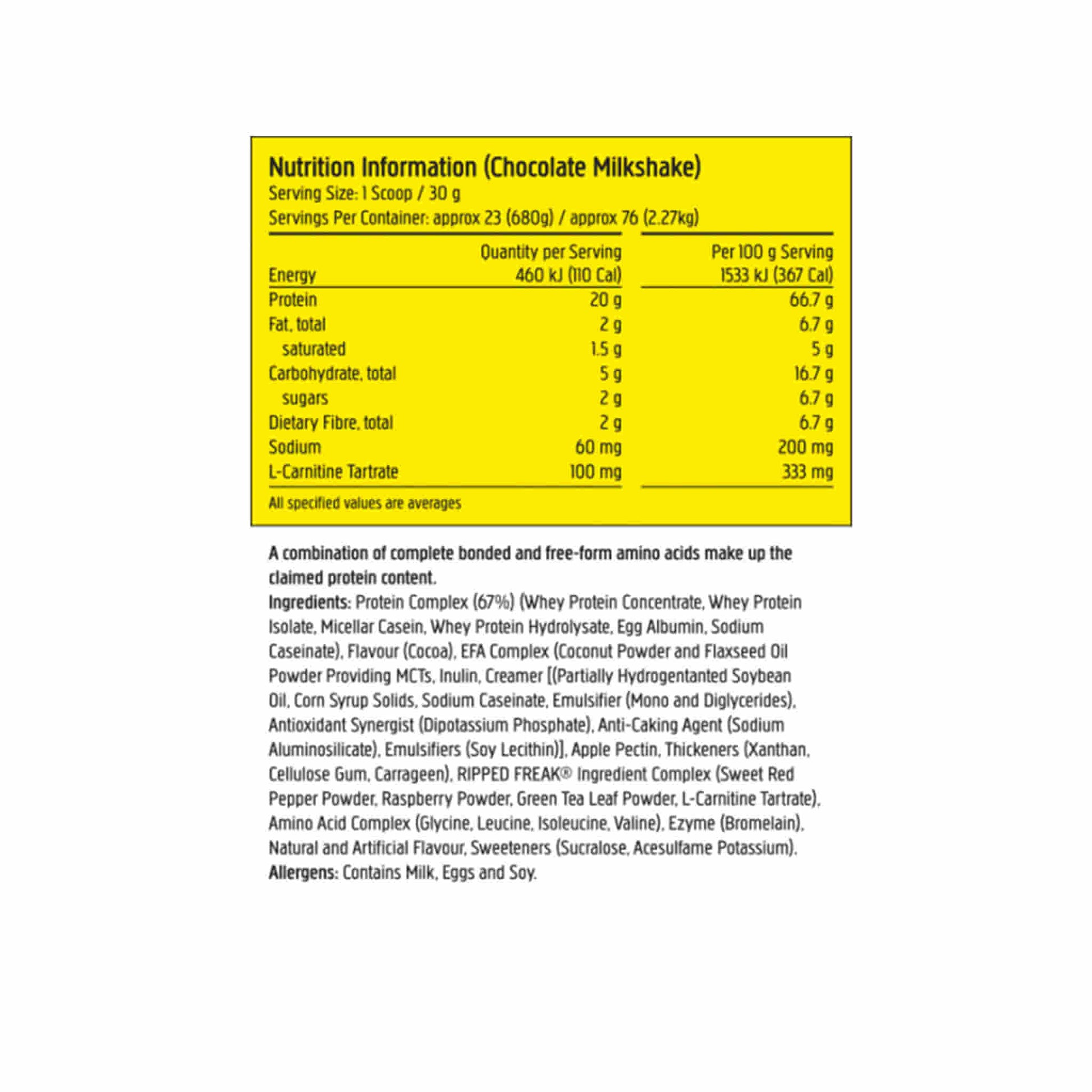 Nutrition information for Chocolate Milkshake, detailing protein, carbs, sugar, and ingredients in PharmaFreak protein blend.