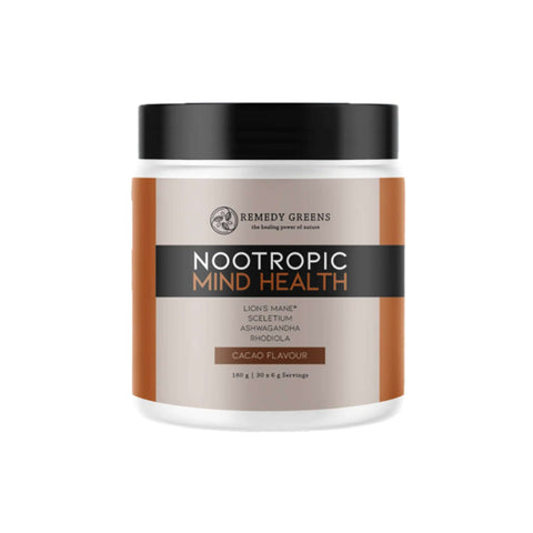 Remedy Greens Nootropic Mind Health container featuring cacao flavor with natural ingredients for brain health.