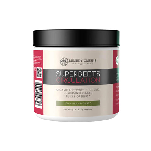 Remedy Greens Superbeets Circulation jar with organic beetroot, turmeric, and ginger for boosting circulation and energy.