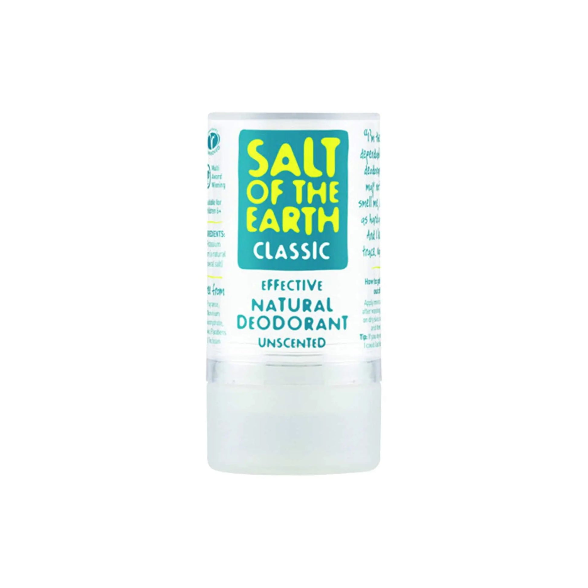 Salt of the Earth Classic Deodorant Stick, natural and unscented, prevents body odour effectively and is hypoallergenic.