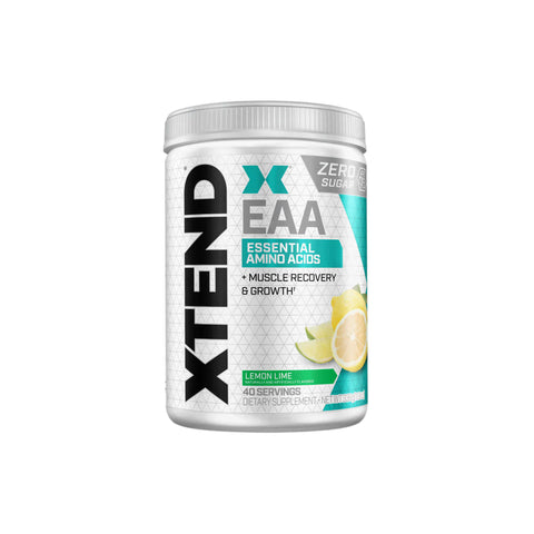 Scivation Xtend EAA supplement in Lemon Lime flavor, zero sugar, promotes muscle recovery with essential amino acids.