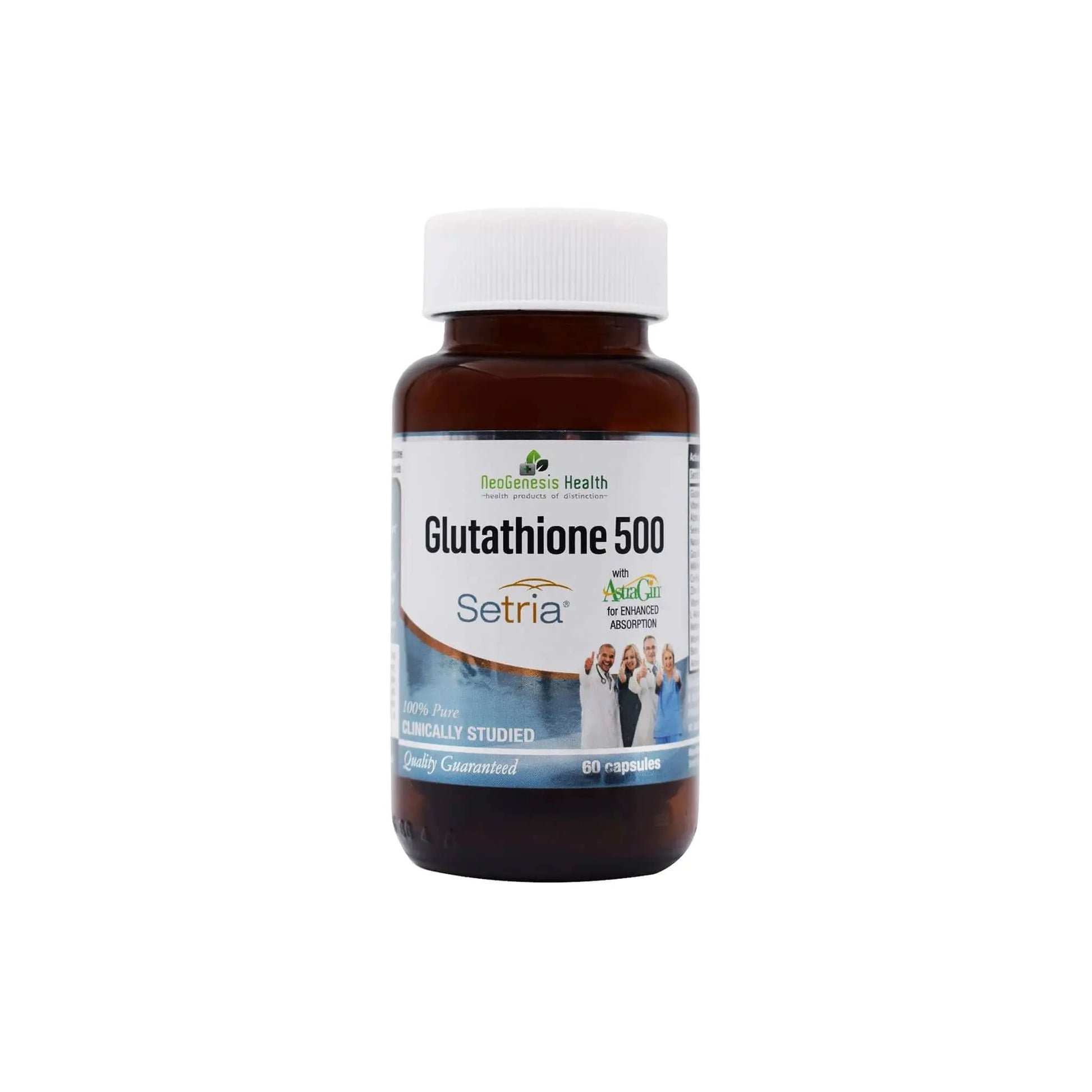 NeoGenesis Glutathione 500 supplement bottle featuring 60 clinically studied capsules with Setria® Glutathione.