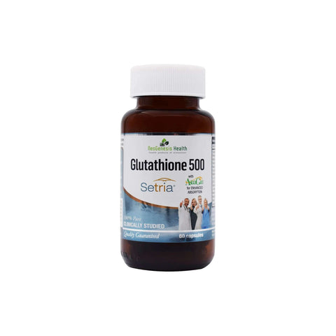 NeoGenesis Glutathione 500 supplement bottle featuring 60 clinically studied capsules with Setria® Glutathione.