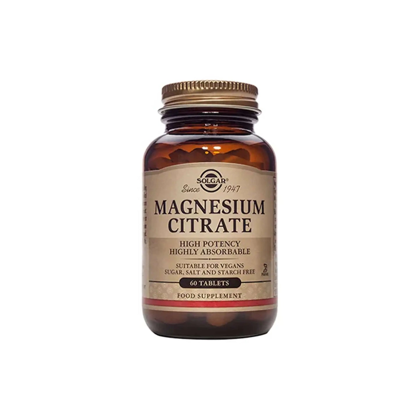 Solgar Magnesium Citrate supplement bottle, 60 tablets, high potency, highly absorbable, vegan-friendly, food supplement.