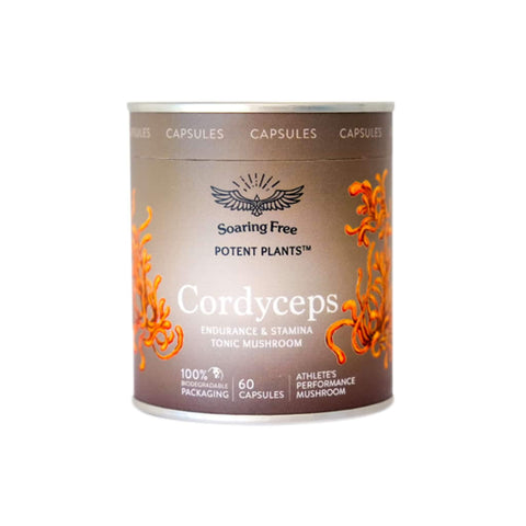 Soaring Free Cordyceps Mushroom Caps in eco-friendly packaging, 60 capsules for endurance and stamina enhancement.