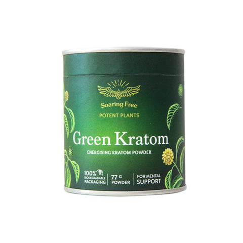 Green Kratom powder canister labeled for mental support and energizing effects, featuring biodegradable packaging.