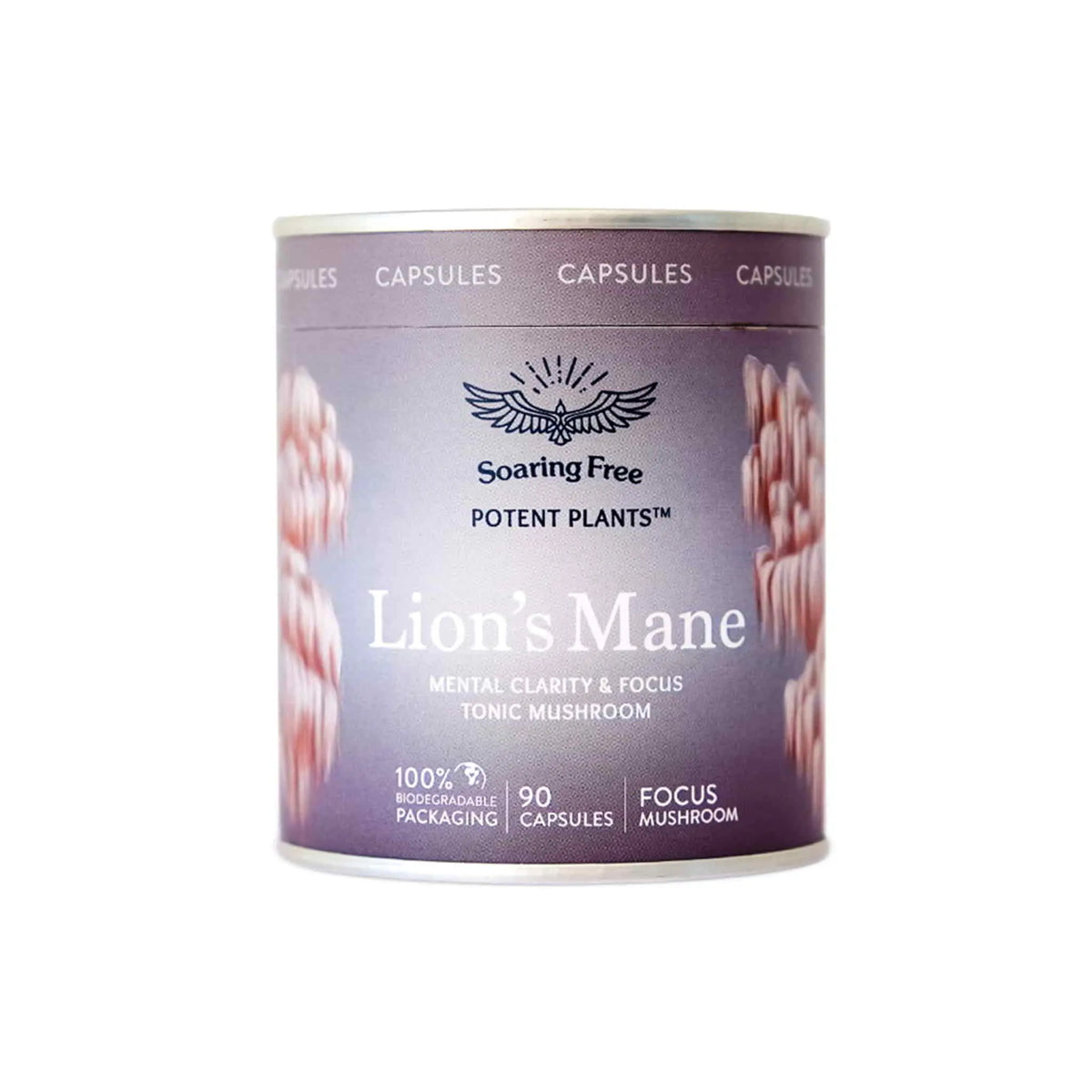 Lion's Mane capsules in a biologically safe container, promoting mental clarity and focus with 90 capsules inside.