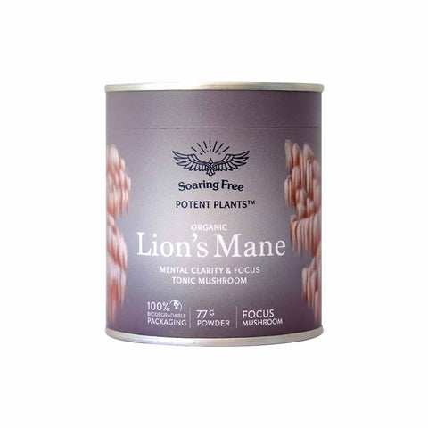 Organic Lion's Mane powder canister by Soaring Free, promoting mental clarity and focus with 100% recyclable packaging.