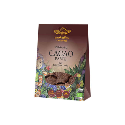 Organic raw cacao paste package featuring vibrant design and nutritional benefits for dark chocolate lovers.