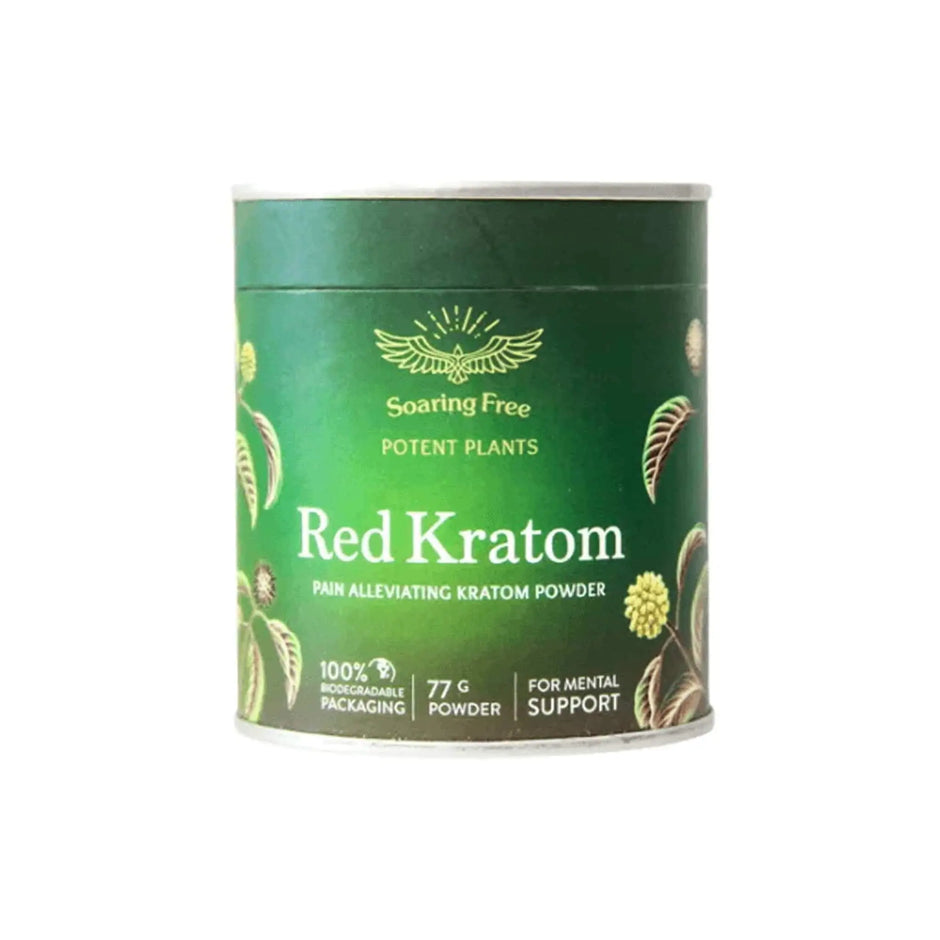 Red Kratom powder container by Soaring Free, 100% biodegradable packaging, 77g for natural pain relief and mental support.