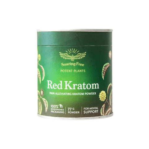 Red Kratom powder container by Soaring Free, 100% biodegradable packaging, 77g for natural pain relief and mental support.