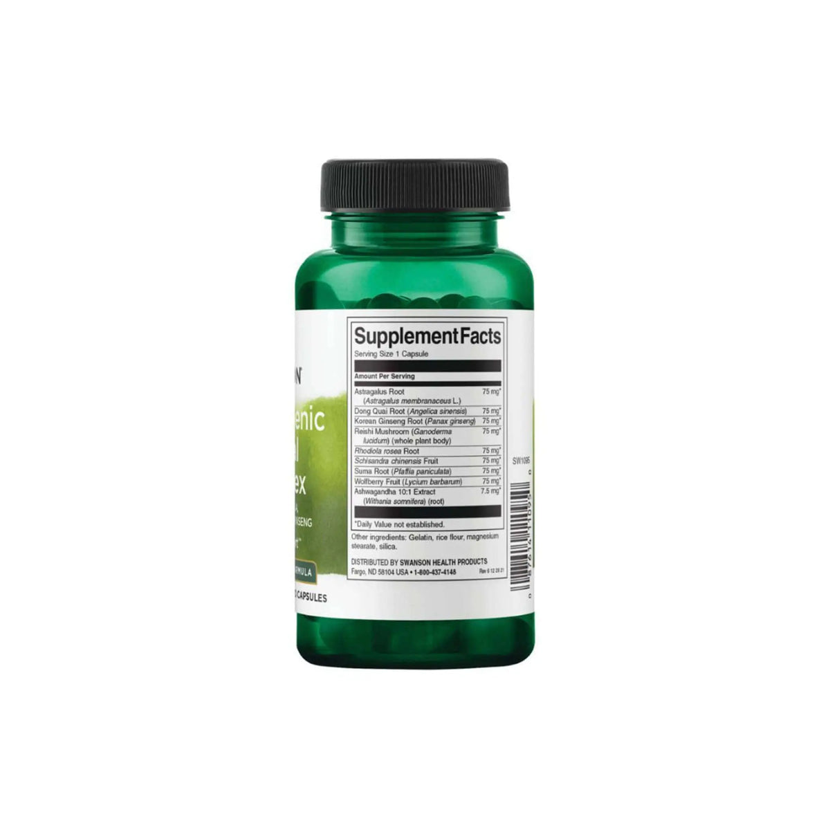 Swanson Adaptogenic Herbal Complex bottle with supplement facts and ingredients, designed for stress relief and balance.