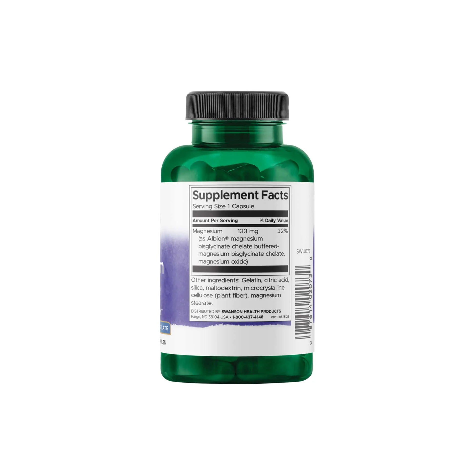 Swanson Albion Magnesium Glycinate supplement bottle showcasing 133 mg of chelated magnesium for optimal health.