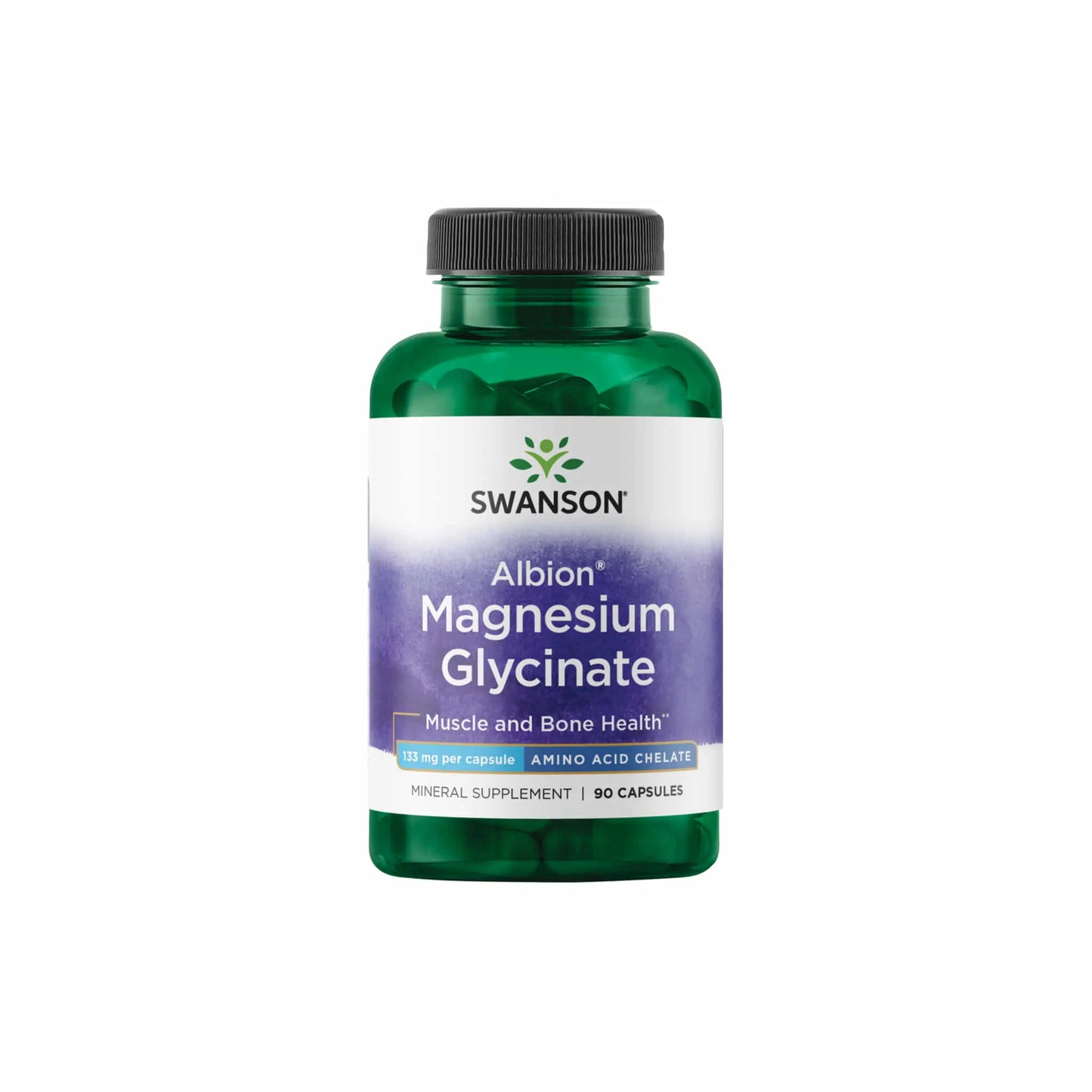 Swanson Albion Magnesium Glycinate bottle, 90 capsules for muscle and bone health, with 133 mg of chelated magnesium.
