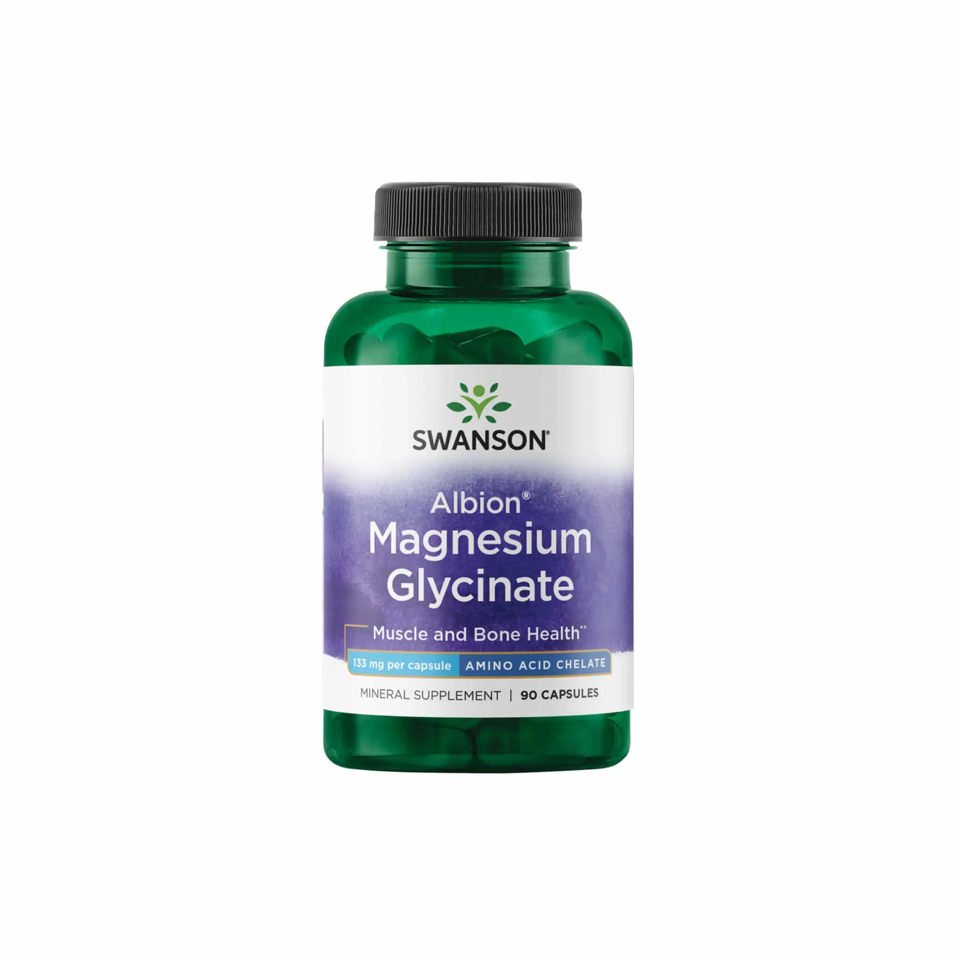 Swanson Albion Magnesium Glycinate bottle, 90 capsules for muscle and bone health, with 133 mg of chelated magnesium.