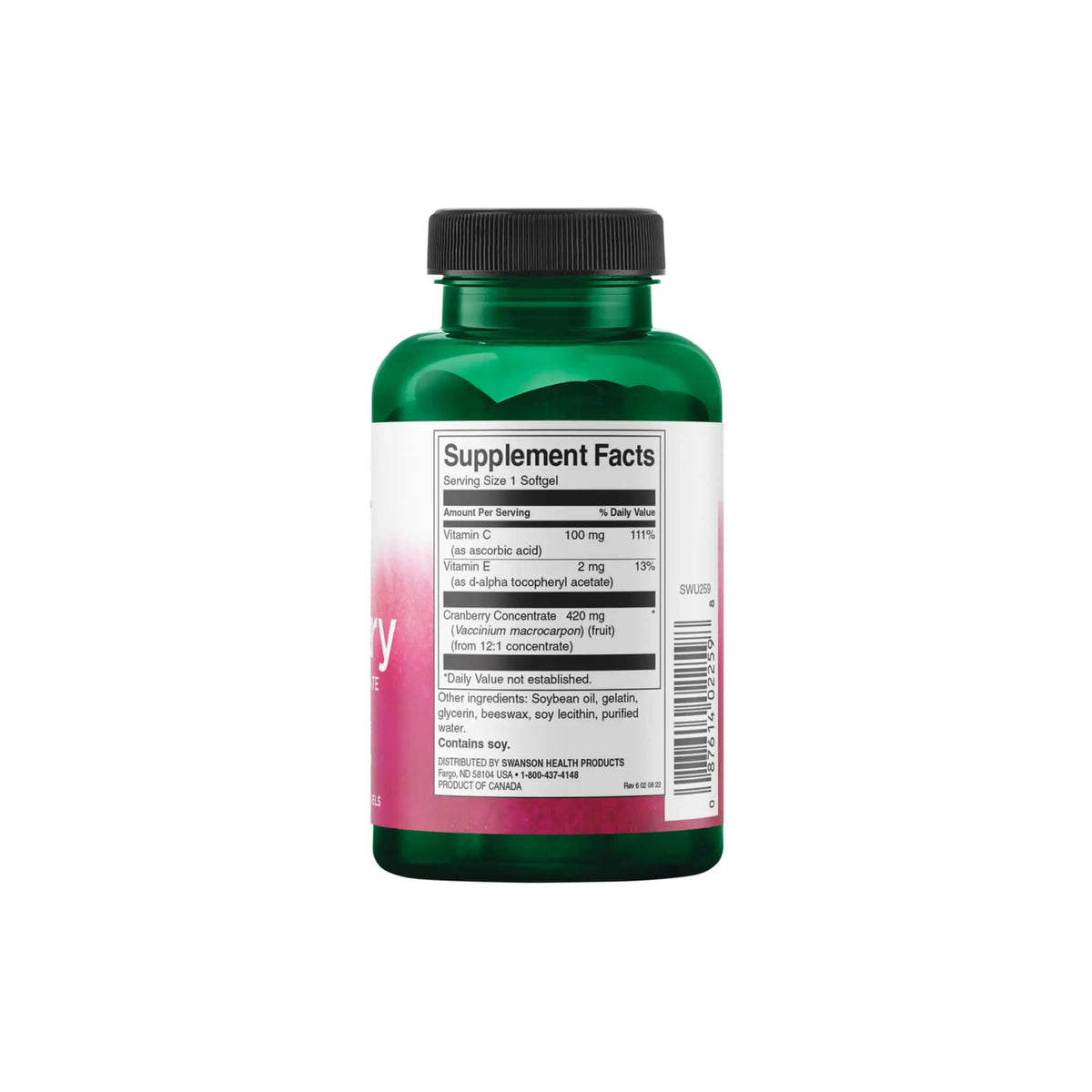 Back view of Swanson Cranberry Super Strength supplement bottle showcasing nutrition facts and ingredient details.