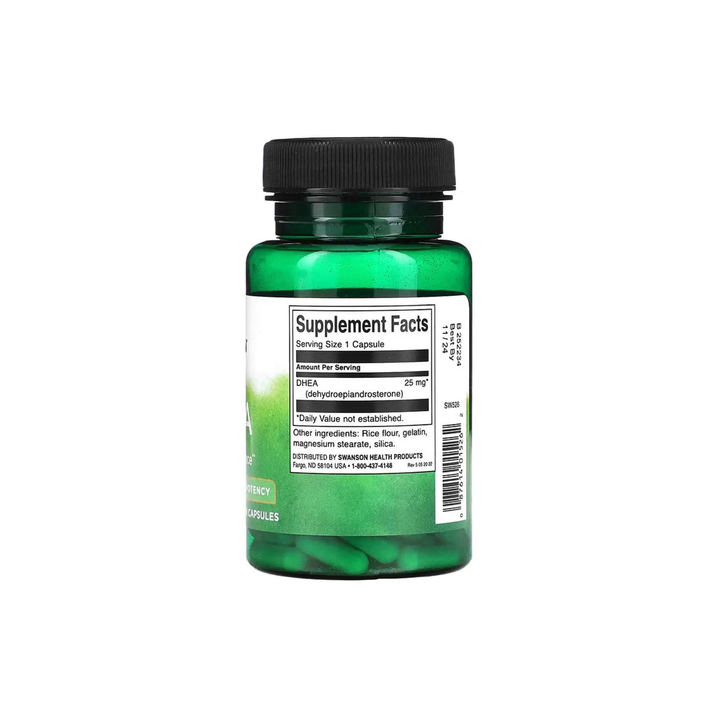 Swanson DHEA 25mg supplement bottle showing serving size and ingredient details, promoting vitality and bone health.