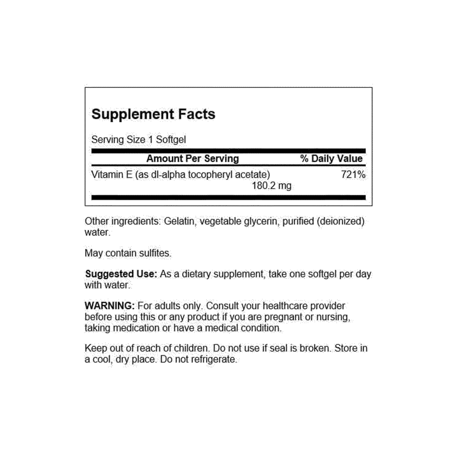 Swanson E-400 Vitamin E supplement facts label detailing serving size and ingredients for antioxidant support.