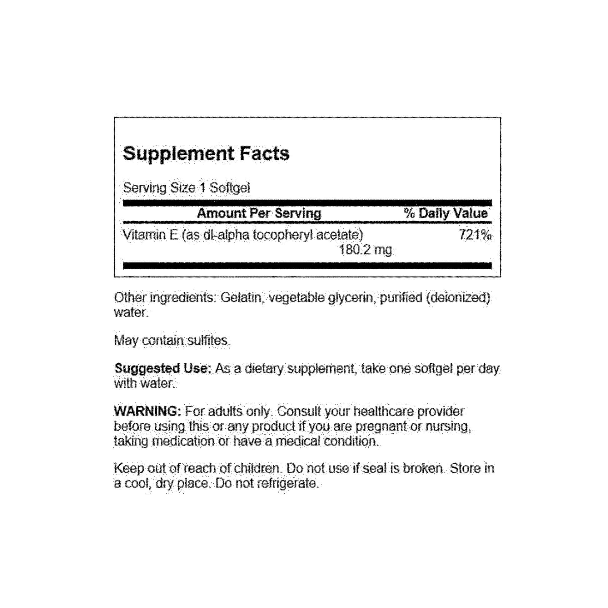 Swanson E-400 Vitamin E supplement facts label detailing serving size and ingredients for antioxidant support.