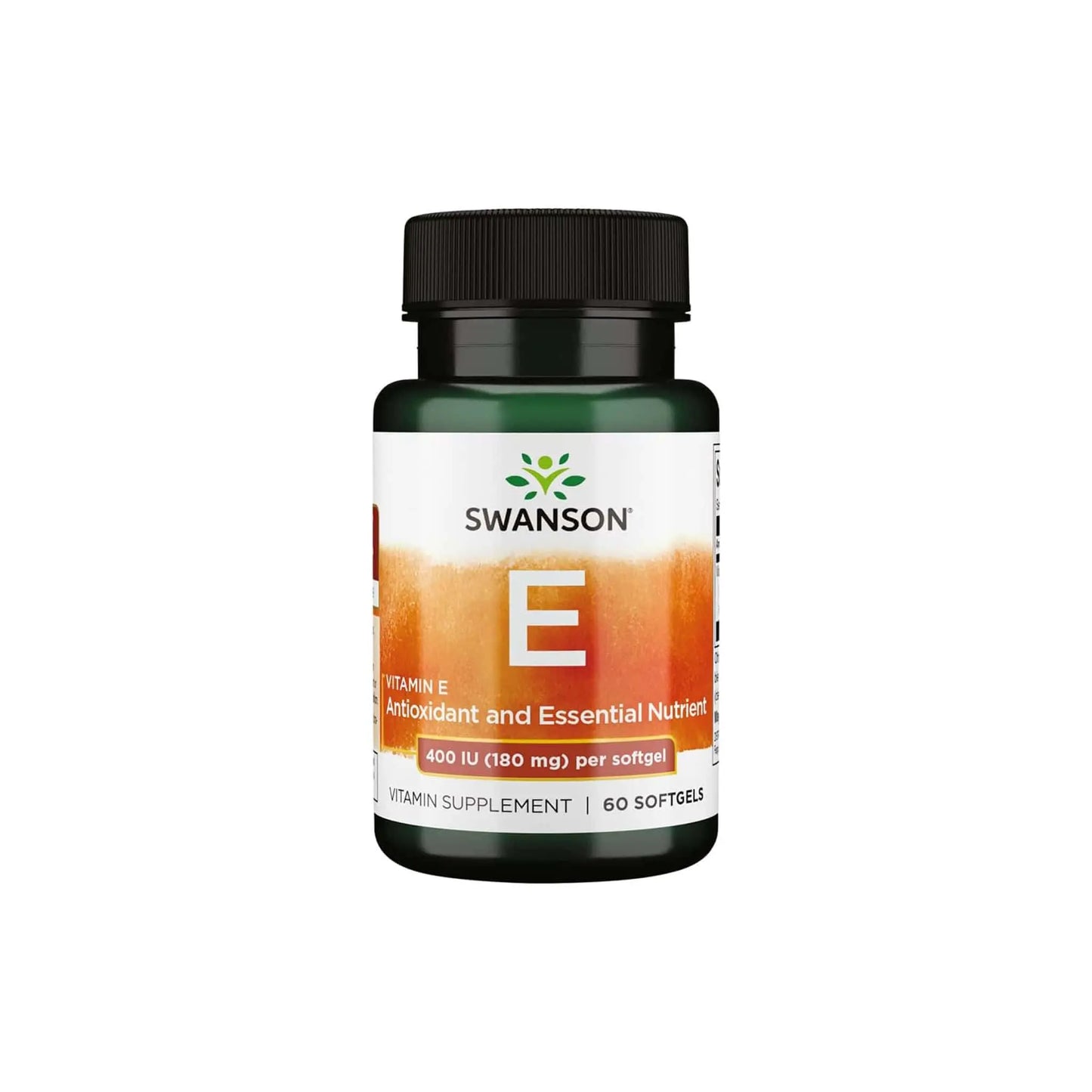 Swanson E-400 Vitamin E supplement bottle, 60 softgels for cardiovascular health and antioxidant support.