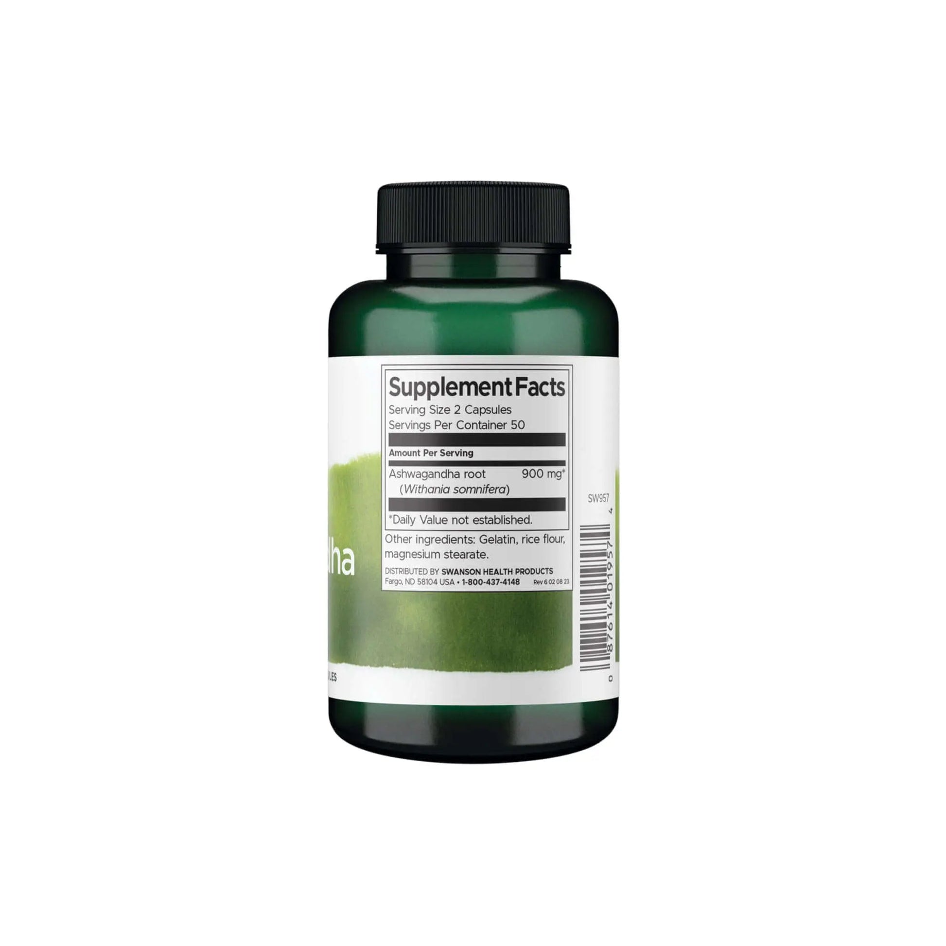 Swanson Full Spectrum Ashwagandha capsules bottle showcasing supplement facts and ingredient details.